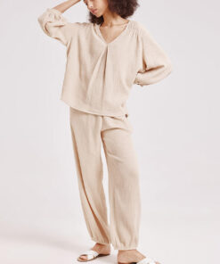 Women’s Cotton-Linen Home Wear Set with V-Neck Top and Relaxed Pants SP11
