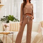 Cozy Ribbed Tan Pajama Set with Long Sleeves and Drawstring Waist SP51