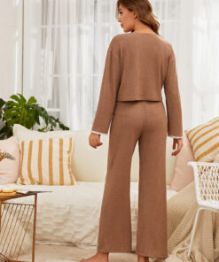 Cozy Ribbed Tan Pajama Set with Long Sleeves and Drawstring Waist SP51