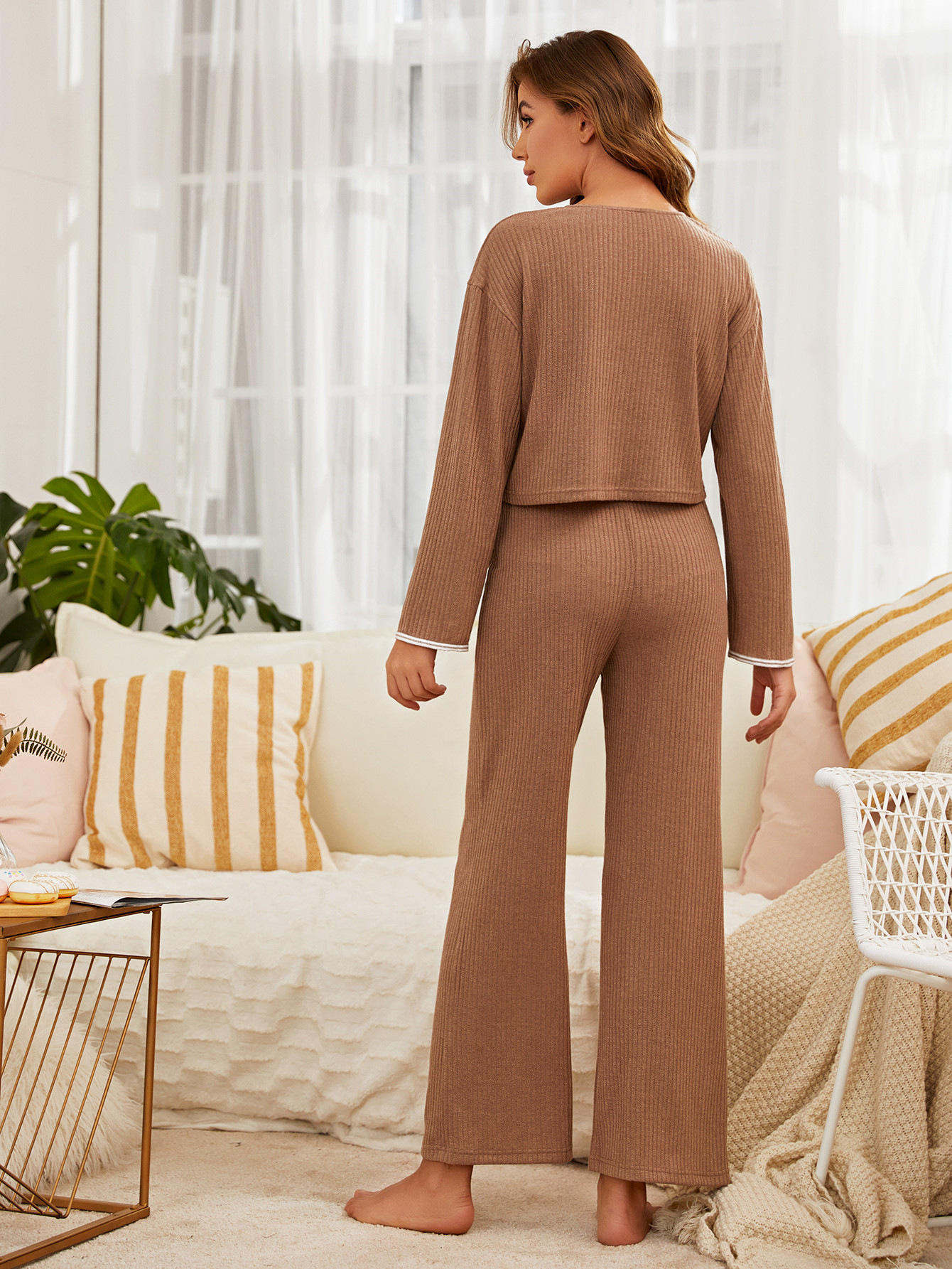 Cozy Ribbed Tan Pajama Set with Long Sleeves and Drawstring Waist SP51