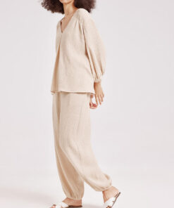 Women’s Cotton-Linen Home Wear Set with V-Neck Top and Relaxed Pants SP11