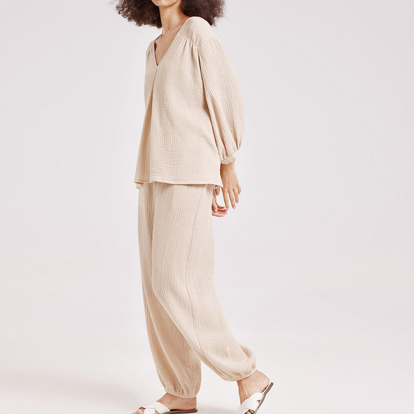 Women’s Cotton-Linen Home Wear Set with V-Neck Top and Relaxed Pants SP11