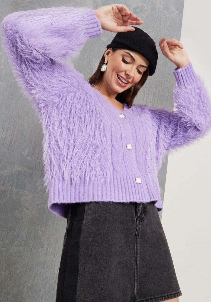 Lavender Fluffy Textured Button-Up Cardigan Sweater SP3