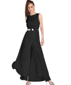 Elegant Sleeveless High-Low Dress with Metallic Belt Detail
