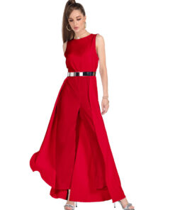 Elegant Sleeveless High-Low Dress with Metallic Belt Detail