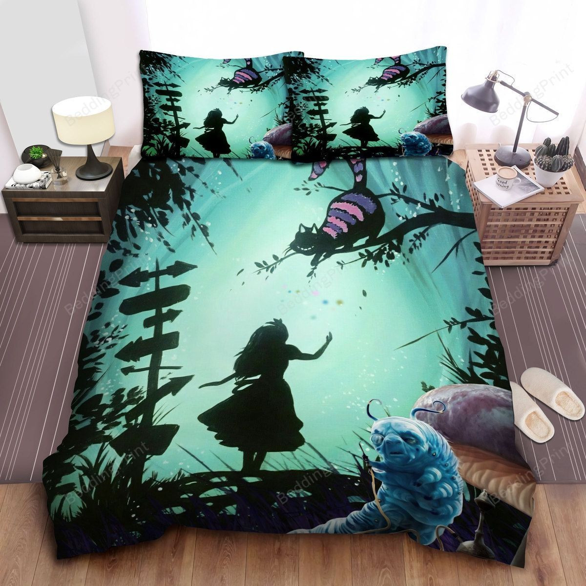 Alice In Wonderland - Asking Cheshire Cat - Blue Caterpillar Bed Sheets Duvet Cover Bedding Sets