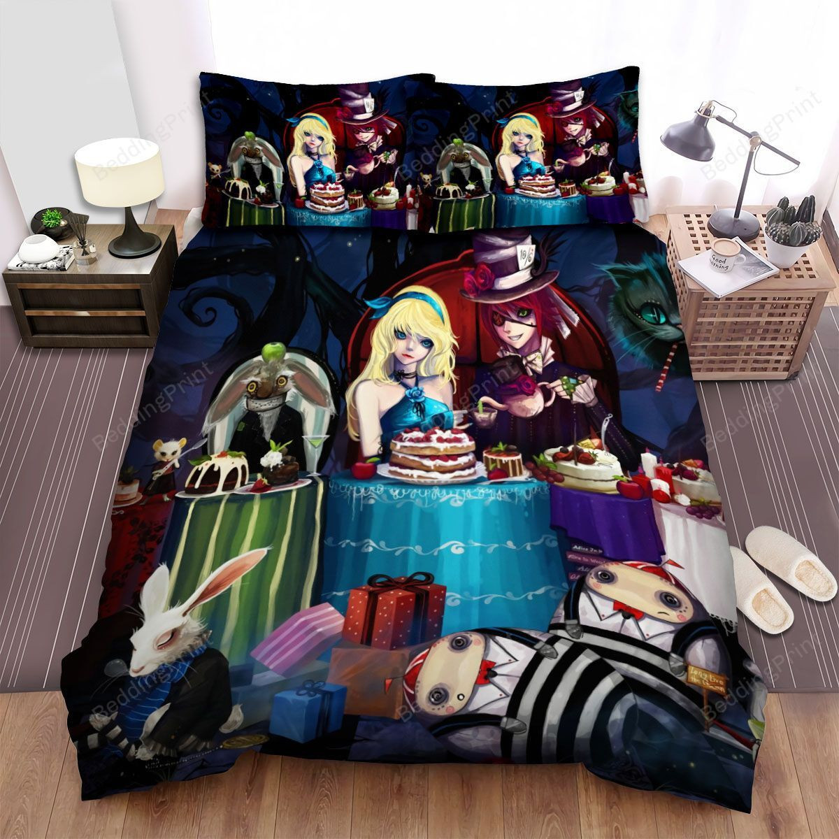 Alice In Wonderland Characters At Mad Tea Party Emo Art Bed Sheets Spread Duvet Cover Bedding Sets