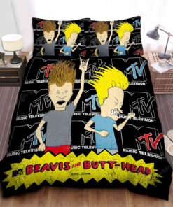 Beavis And Butt-head Music Banging In Mtv Logo Background Bed Sheets Duvet Cover Bedding Sets