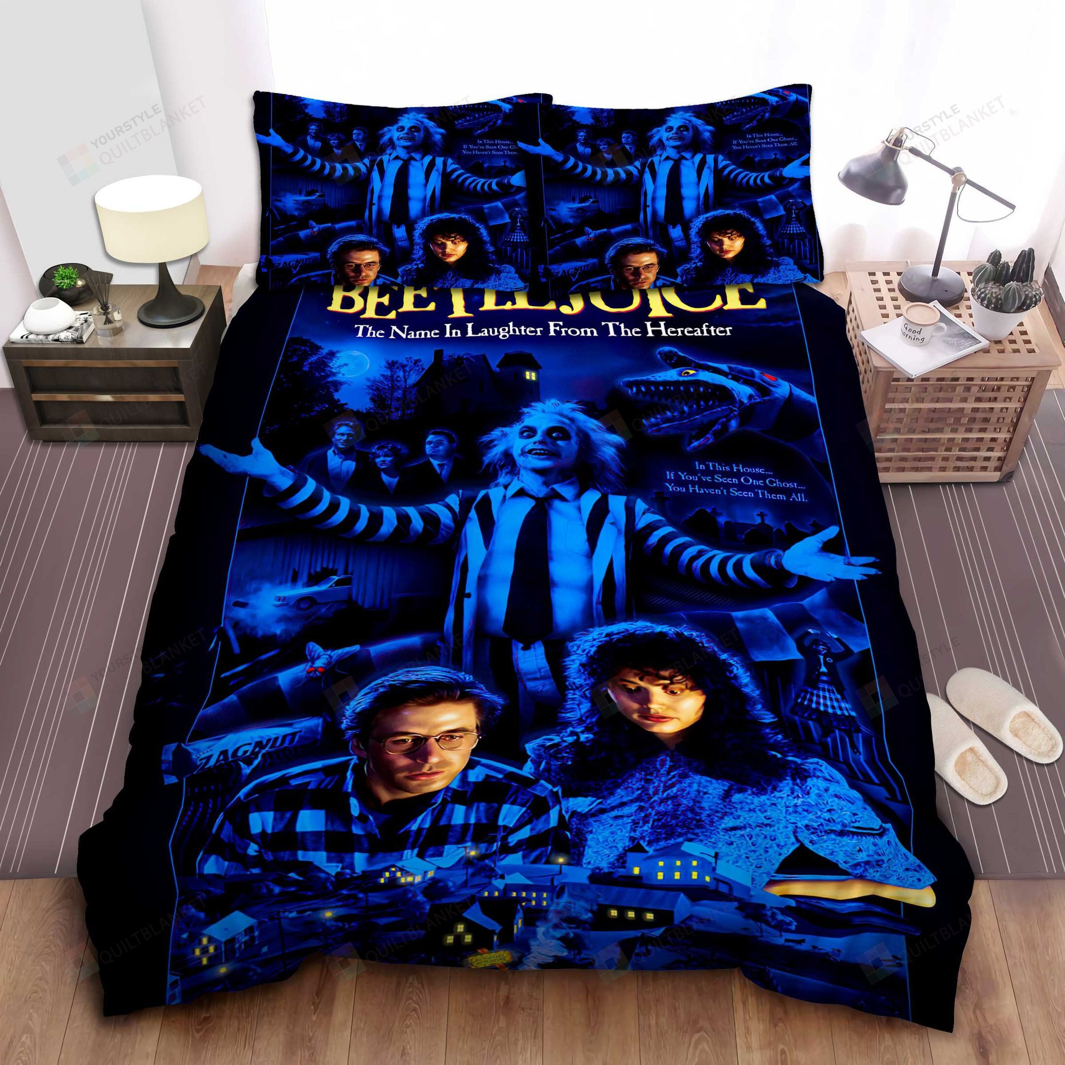 Beetlejuice Poster In Scary Blue Theme Bed Sheets Spread Comforter Duvet Cover Bedding Sets
