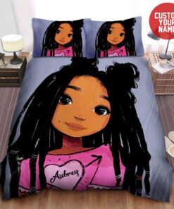 Black Baby Girl Pink Heart Custom Name Duvet Cover Bedding Set