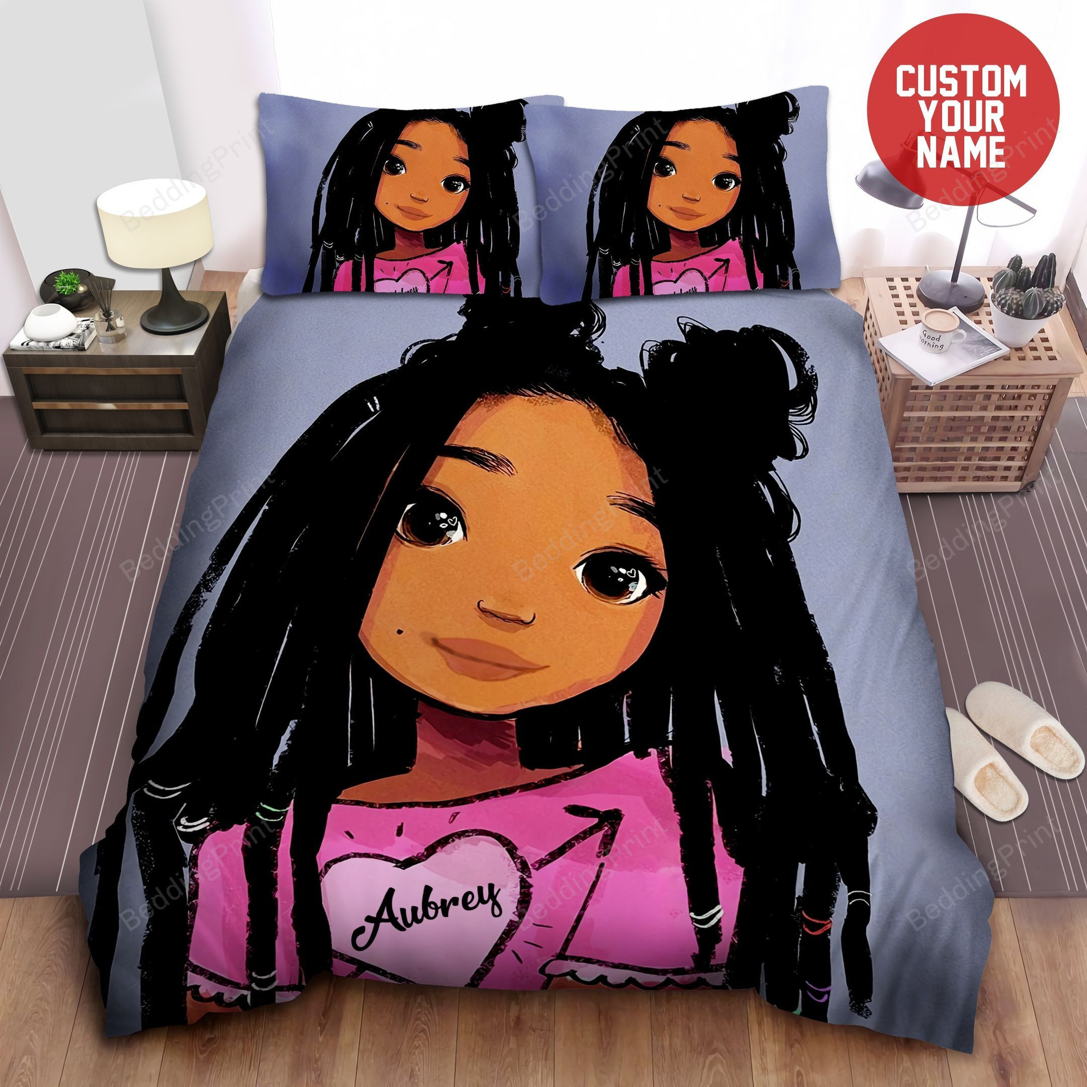 Black Baby Girl Pink Heart Custom Name Duvet Cover Bedding Set