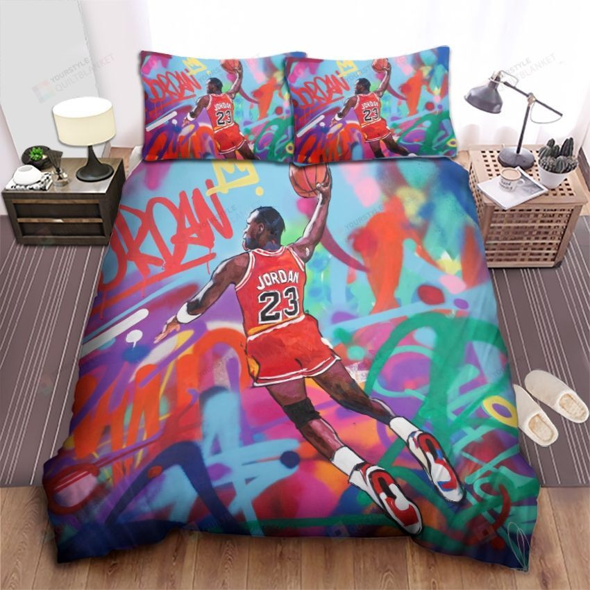 Chicago Bulls Michael Jordan Dunking On Graffiti Theme Bed Sheet Duvet Cover Bedding Sets