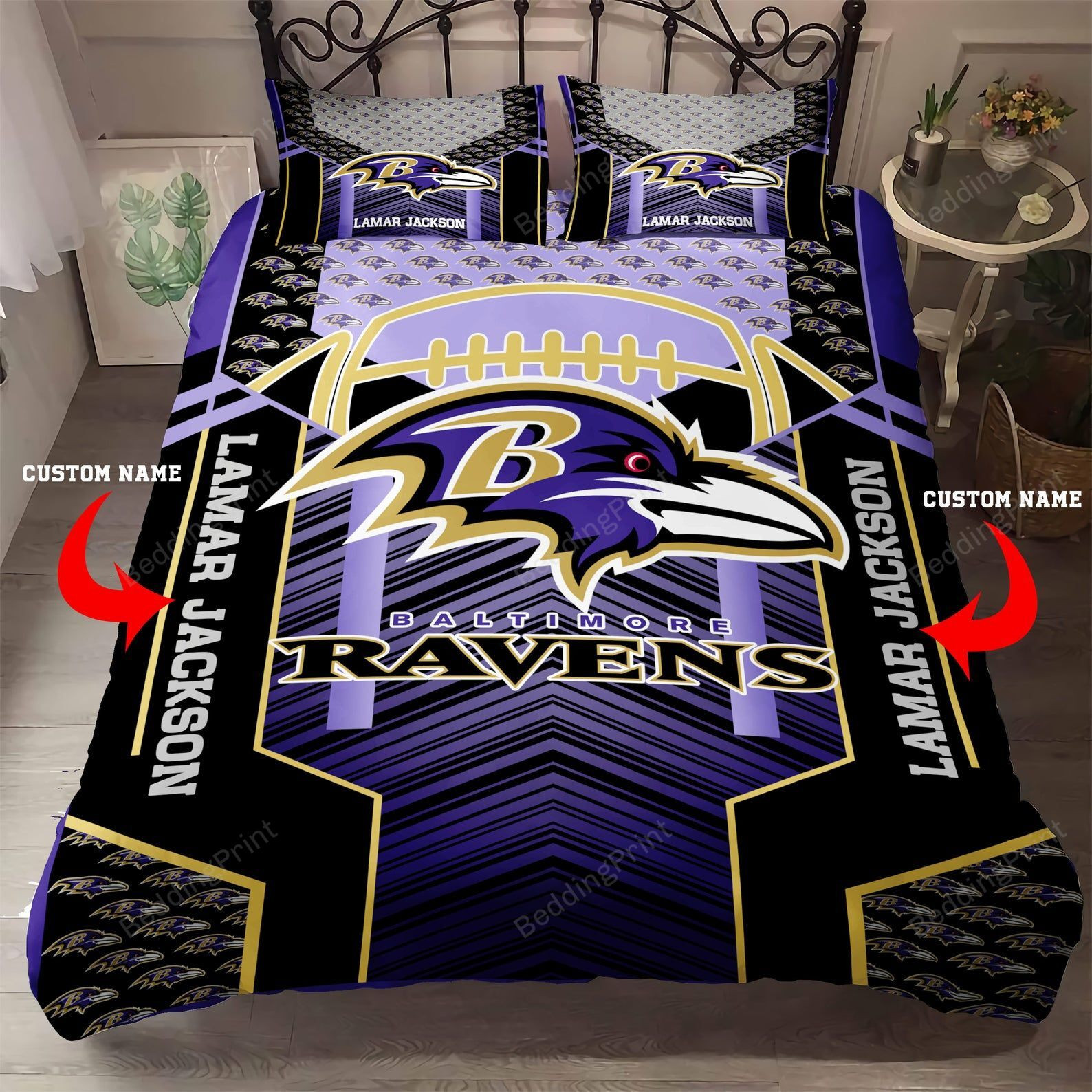 Custom Name Baltimore Ravens Bedding Set - Custom Name Baltimore Ravens Duvet Covers - Custom Name Baltimore Ravens Nfl Fan Bedding Set L698