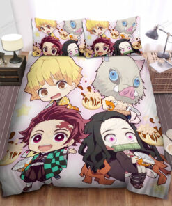 Demon Slayer Team Tanjiro In Adorable Chibi Art Style Bed Sheets Duvet Cover Bedding Sets