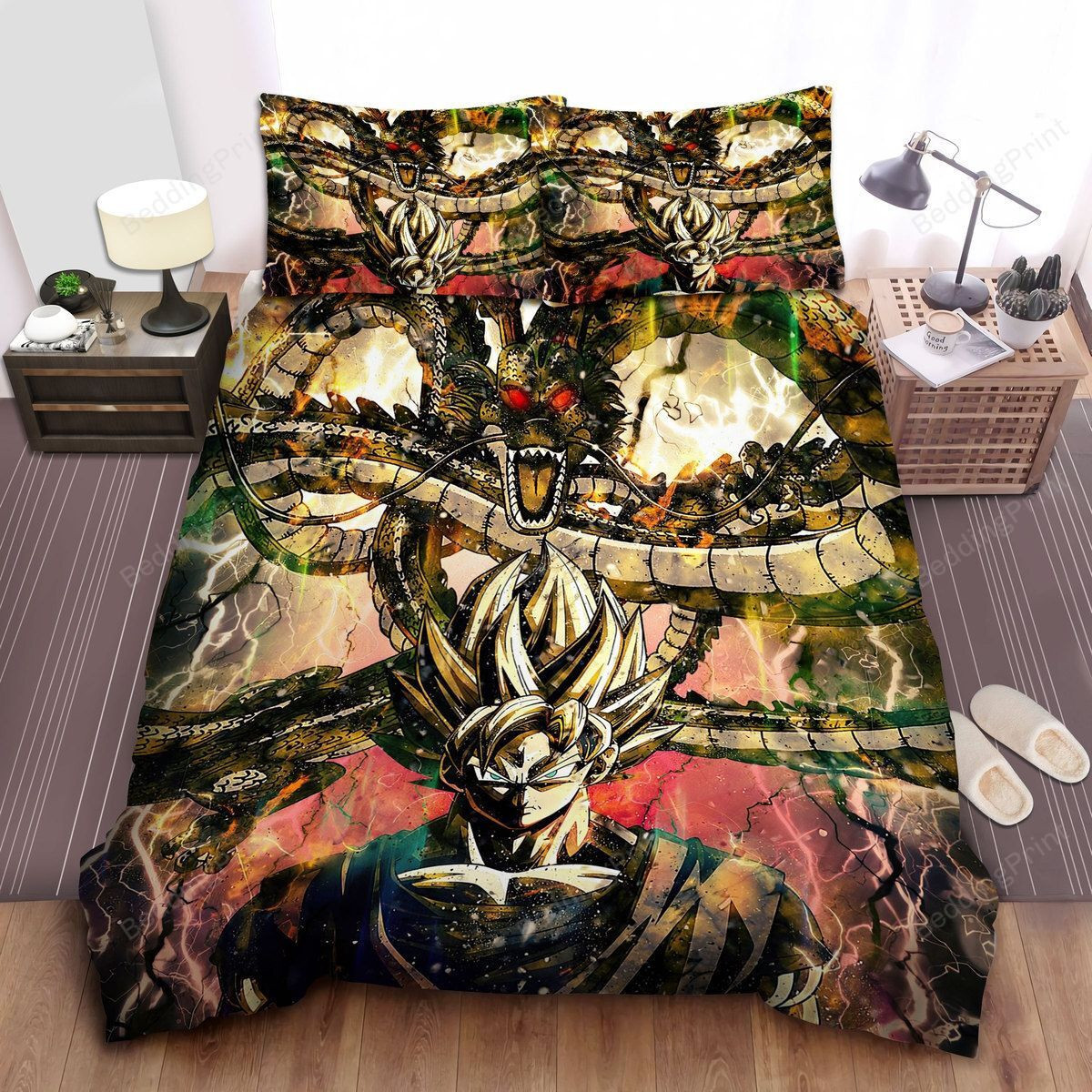 Dragon Ball Goku In Super Saiyan 2 & The Divine Dragon Colorful Artwork Bed Sheets Duvet Cover Bedding Sets