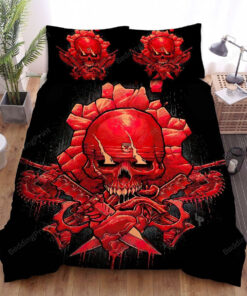 Gears Of War Skull Logo With Chainsaw And Knifes In Blood Bed Sheets Duvet Cover Bedding Sets
