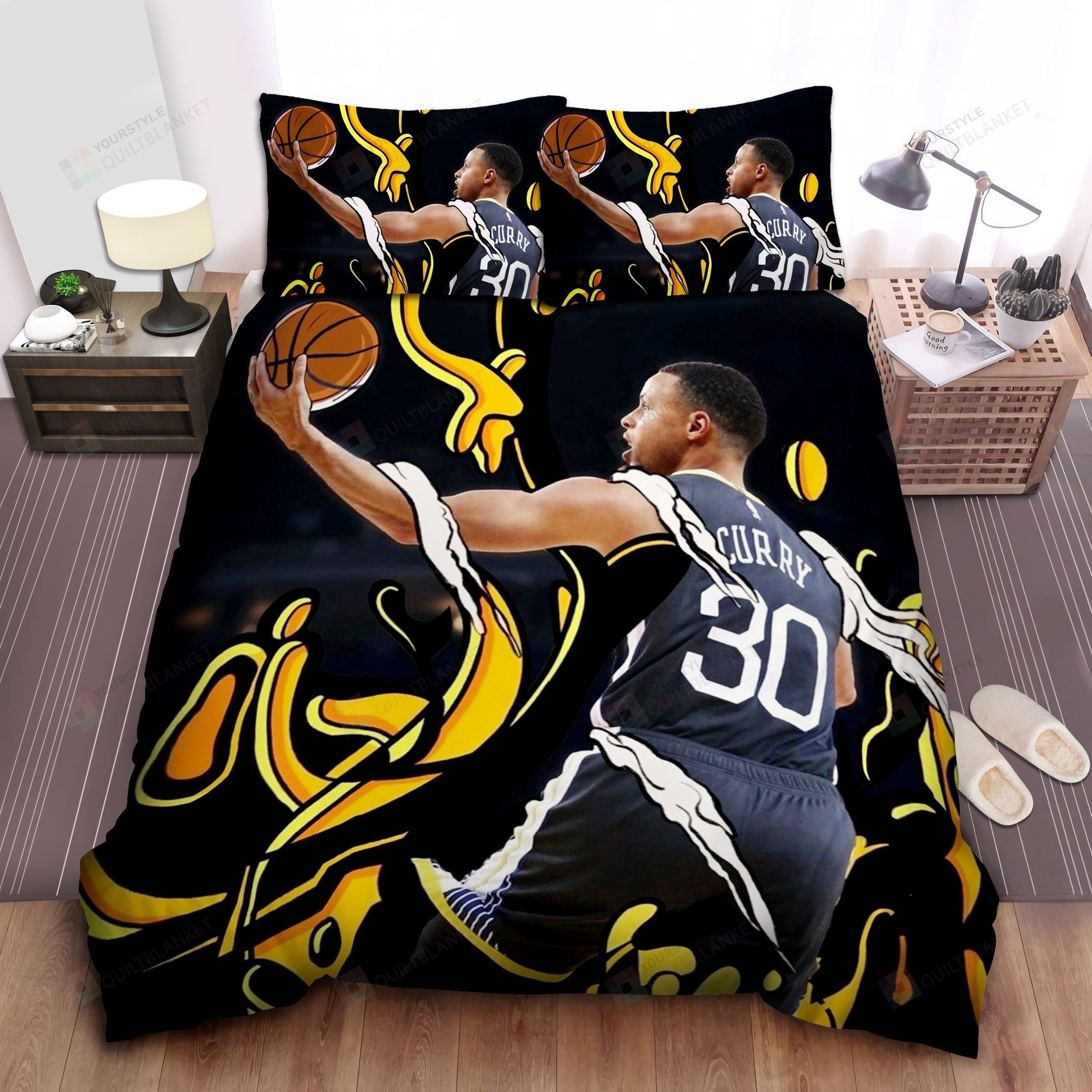 Golden State Warriors Stephen Curry Layup Illustration Bed Sheet Duvet Cover Bedding Sets