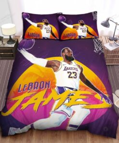 Los Angeles Lakers Lebron James Dunk In Retrowave Background Bed Sheet Duvet Cover Bedding Sets