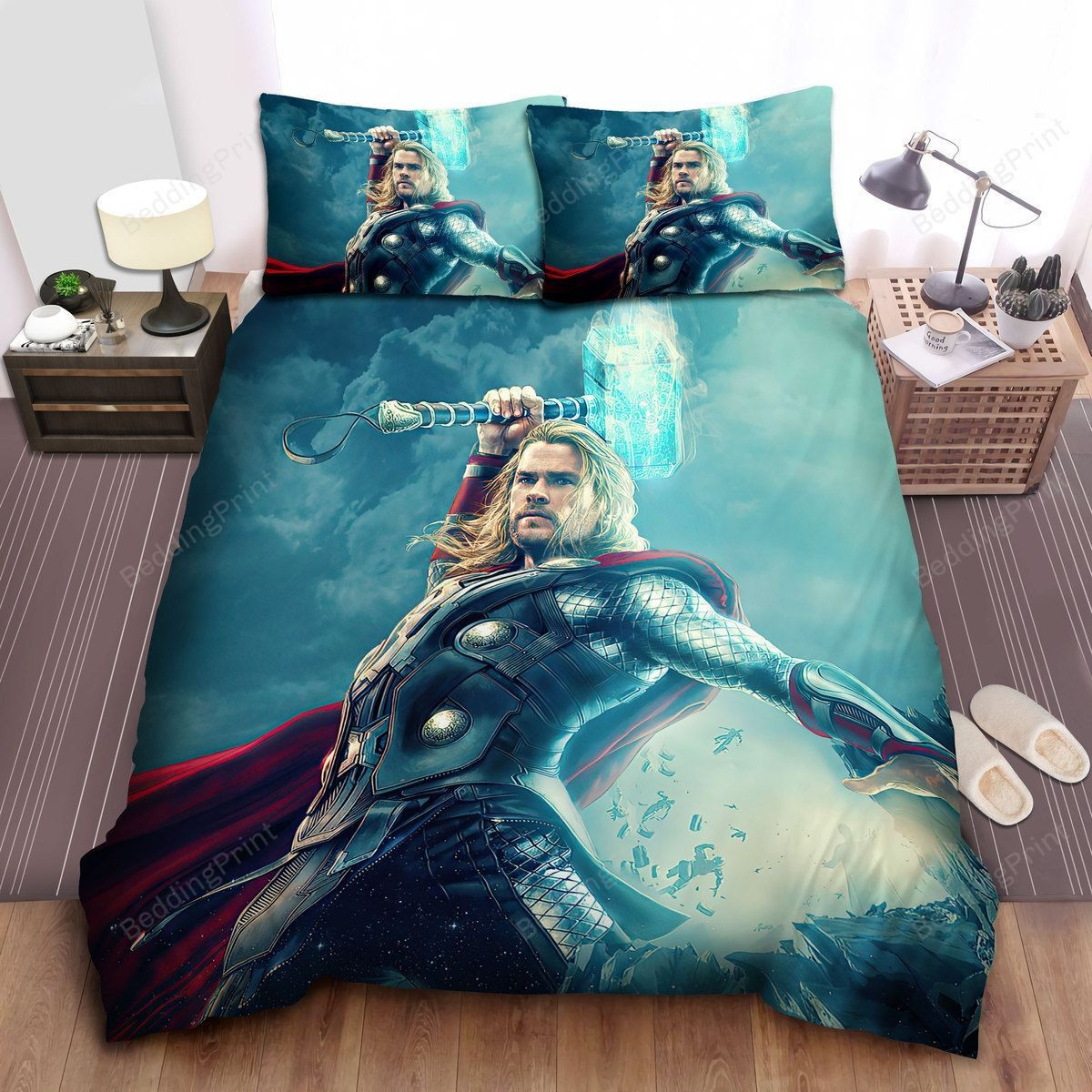 Marvel Thor Powerful Strikes With Mjolnir Hammer Bed Sheets Duvet Cover Bedding Sets