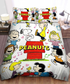 Peanuts Characters Dancing Around Snoopy Dog House Bed Sheets Duvet Cover Bedding Sets