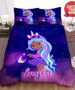 Personalized Cute Black Little Girl Unicorn Girl Custom Name Duvet Cover Bedding Set