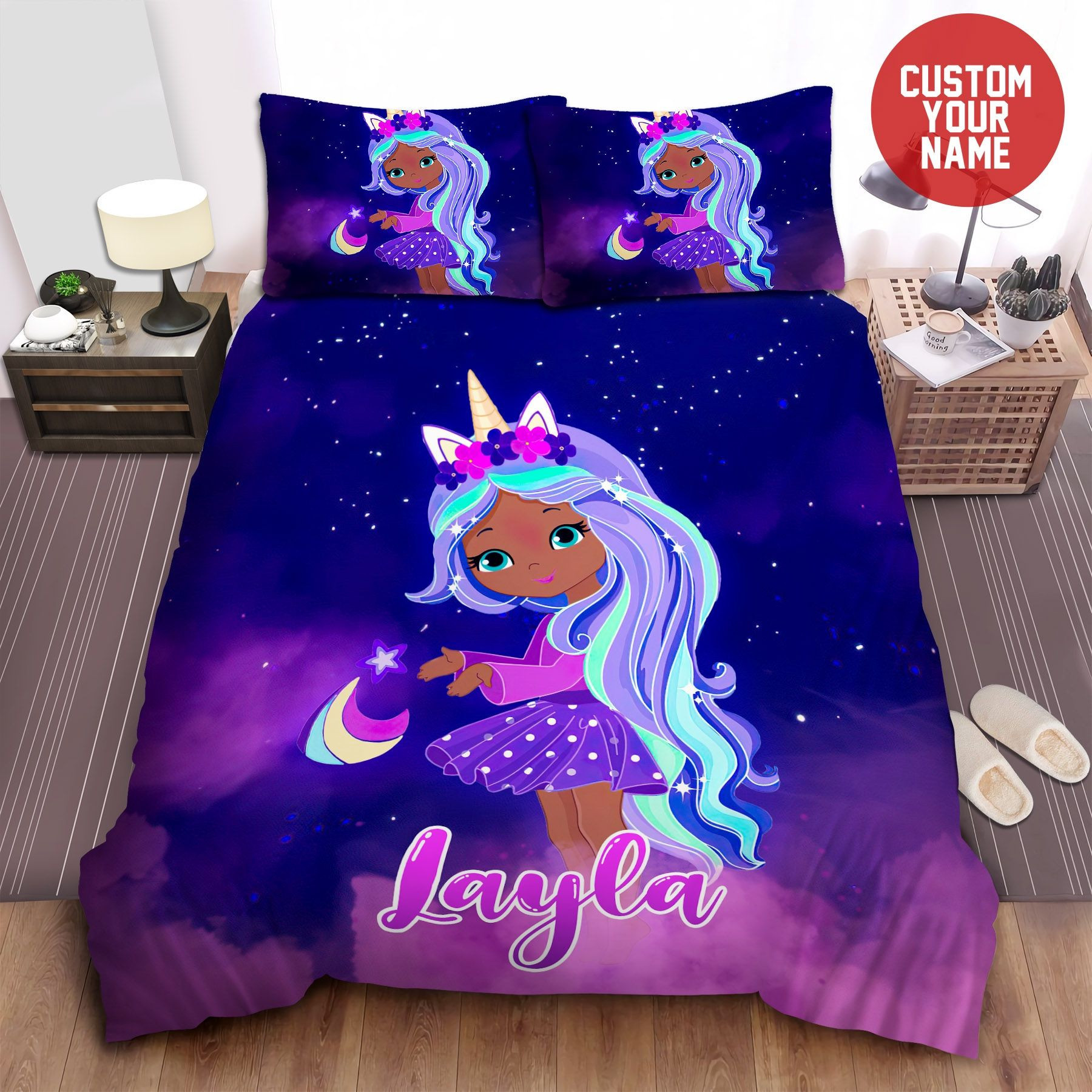 Personalized Cute Black Little Girl Unicorn Girl Custom Name Duvet Cover Bedding Set