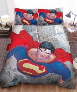 Superman, Dc Comics Character, Flying Through The Street Bed Sheets Spread Comforter Duvet Cover Bedding Sets