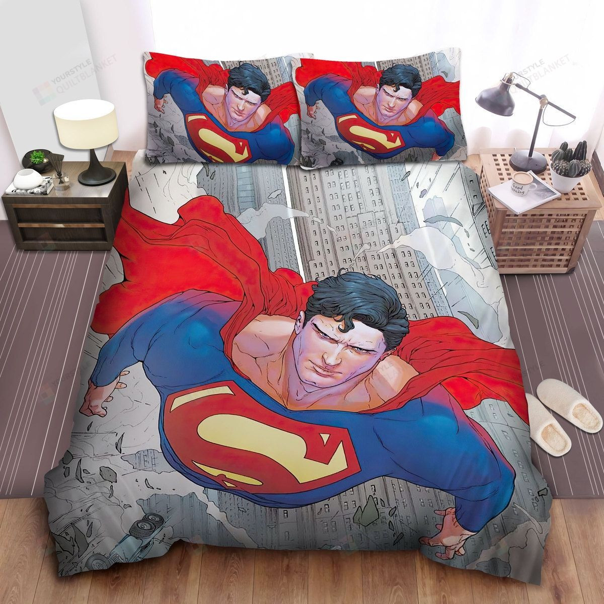 Superman, Dc Comics Character, Flying Through The Street Bed Sheets Spread Comforter Duvet Cover Bedding Sets