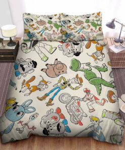 Walt Disney Toy Story 4 Characters In Dot Art Pattern On White Bed Sheets Duvet Cover Bedding Sets
