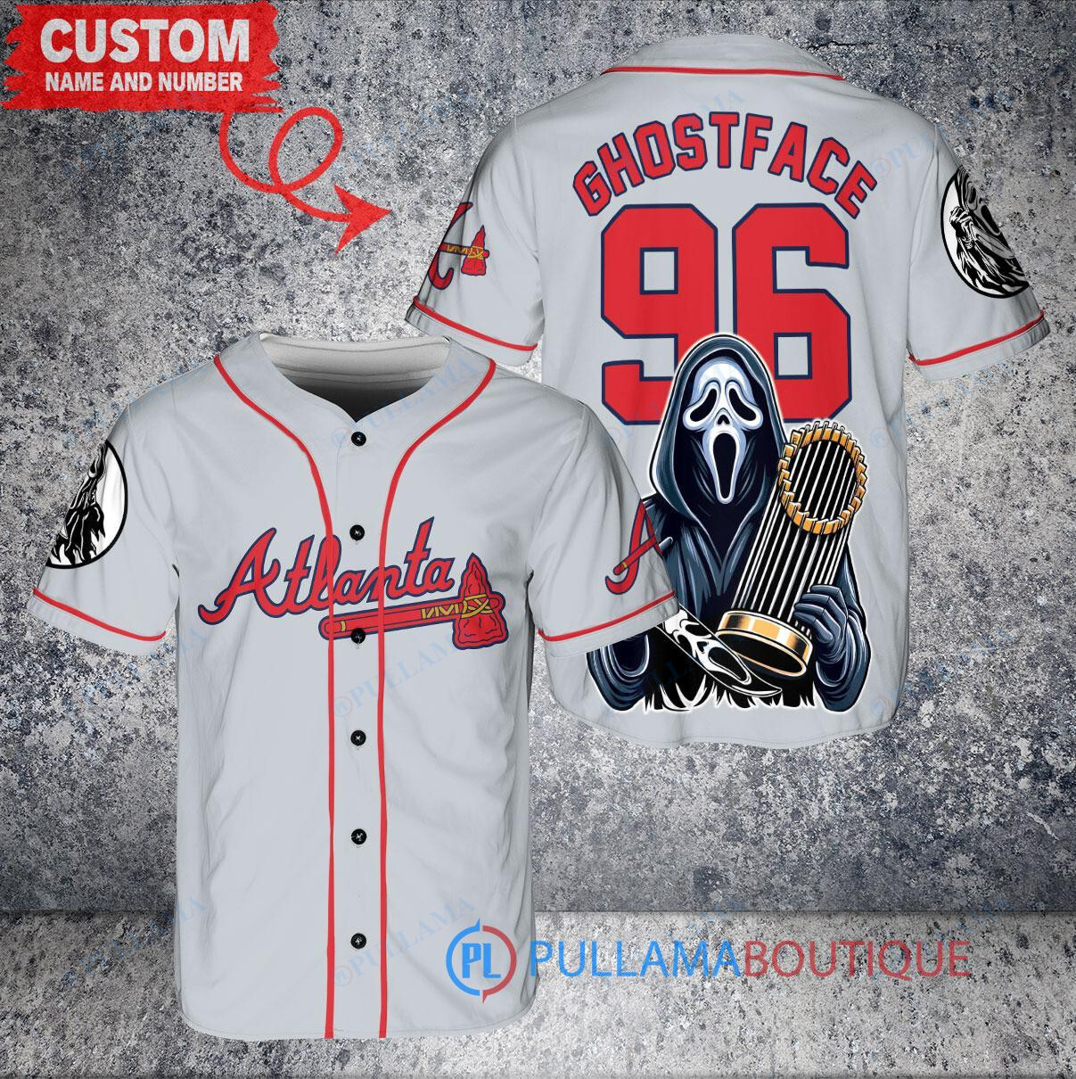 Atlanta Braves Ghostface Scream World Series Trophy Baseball Jersey Gray