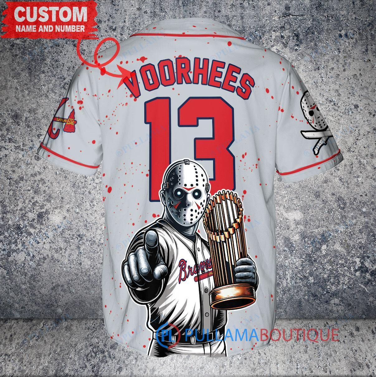 Atlanta Braves Jason Voorhees Halloween World Series Trophy Baseball Jersey Gray