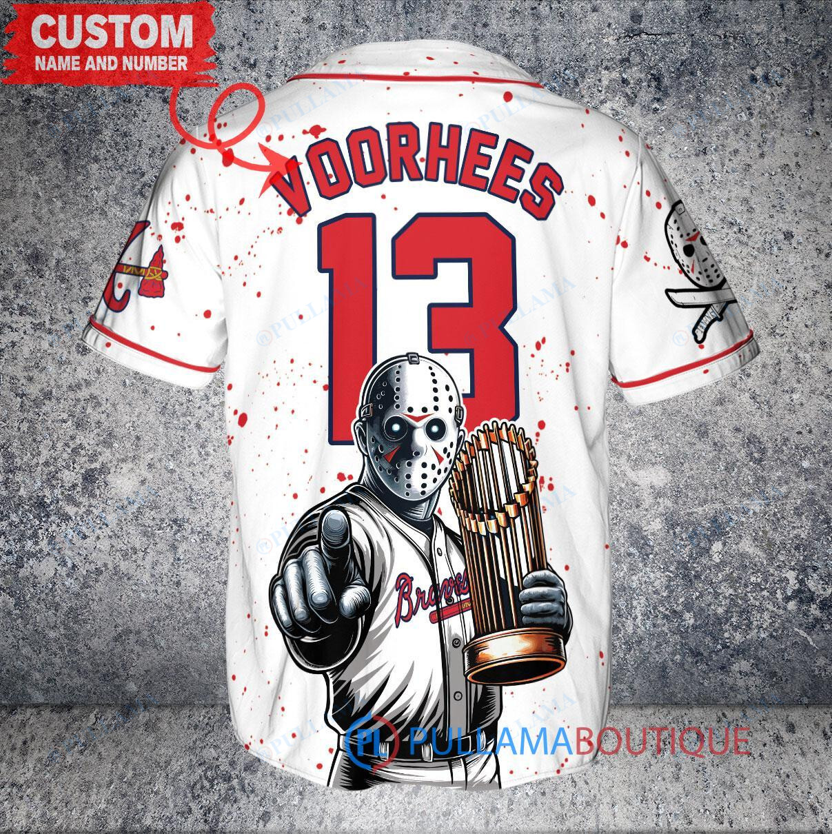 Atlanta Braves Jason Voorhees Halloween World Series Trophy Baseball Jersey White V2