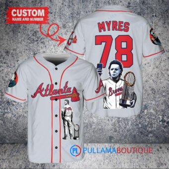 Atlanta Braves x Halloween Michael Myers with Trophy Custom Baseball Jersey Gray