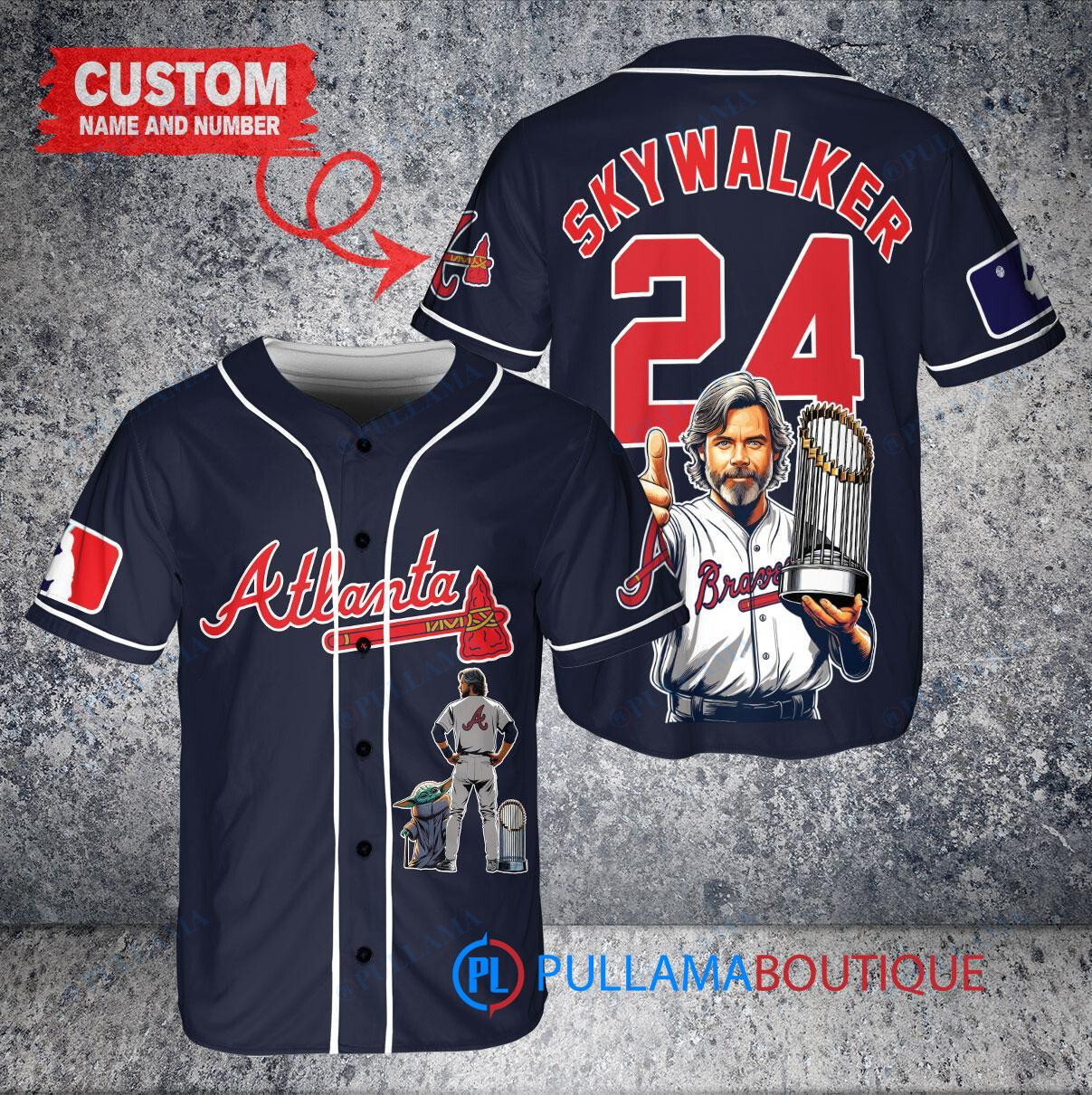 Atlanta Braves x Luke Skywalker Star Wars with Trophy Custom Baseball Jersey Navy