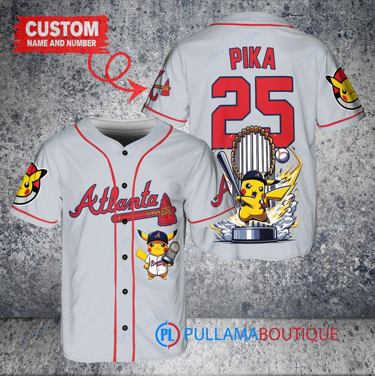 Atlanta Braves x Pikachu Pokemon with Trophy Custom Baseball Jersey Gray