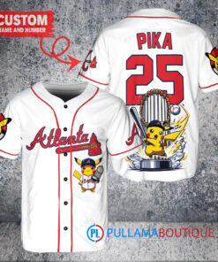 Atlanta Braves x Pikachu Pokemon with Trophy Custom Baseball Jersey White