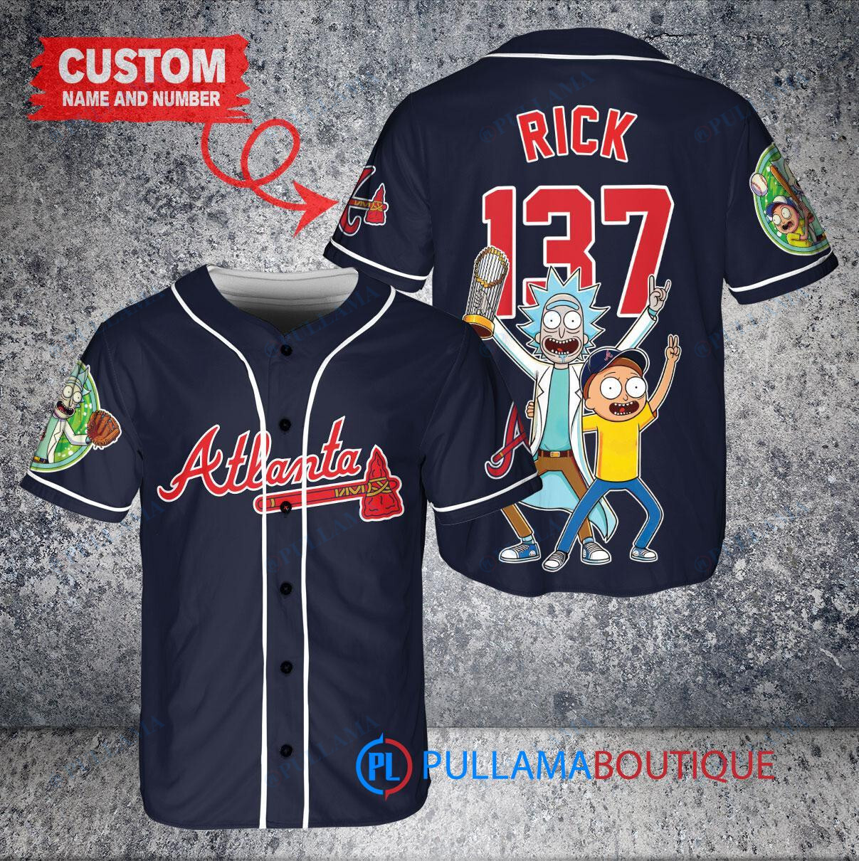 Atlanta Braves x Rick and Morty with Trophy Custom Baseball Jersey Navy