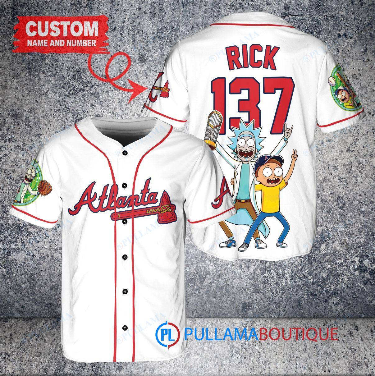 Atlanta Braves x Rick and Morty with Trophy Custom Baseball Jersey White