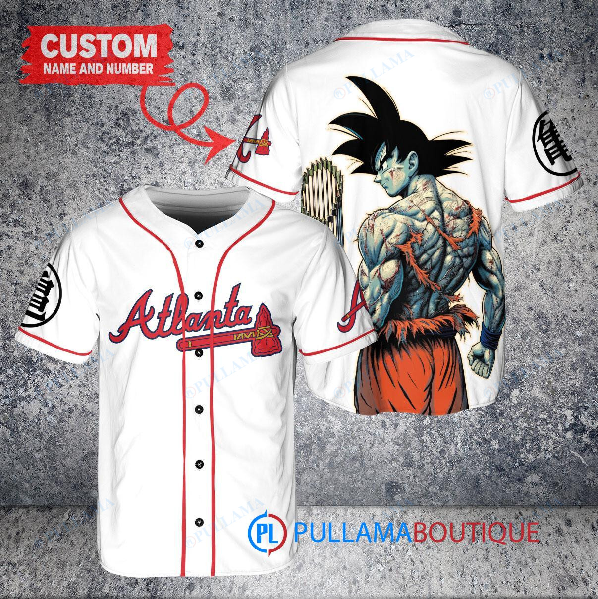 Atlanta Braves x Son Goku Kakarot Super Saiyan Dragon Ball Z with Trophy Baseball Jersey White