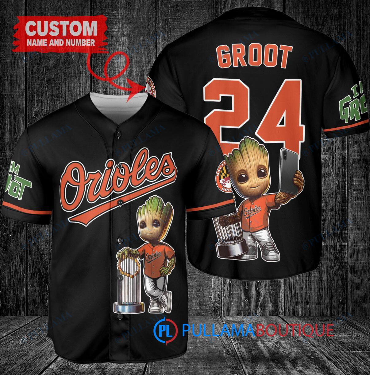 Baltimore Orioles x Baby Groot Marvel Guardians Of The Galaxy with Trophy Custom Baseball Jersey Black