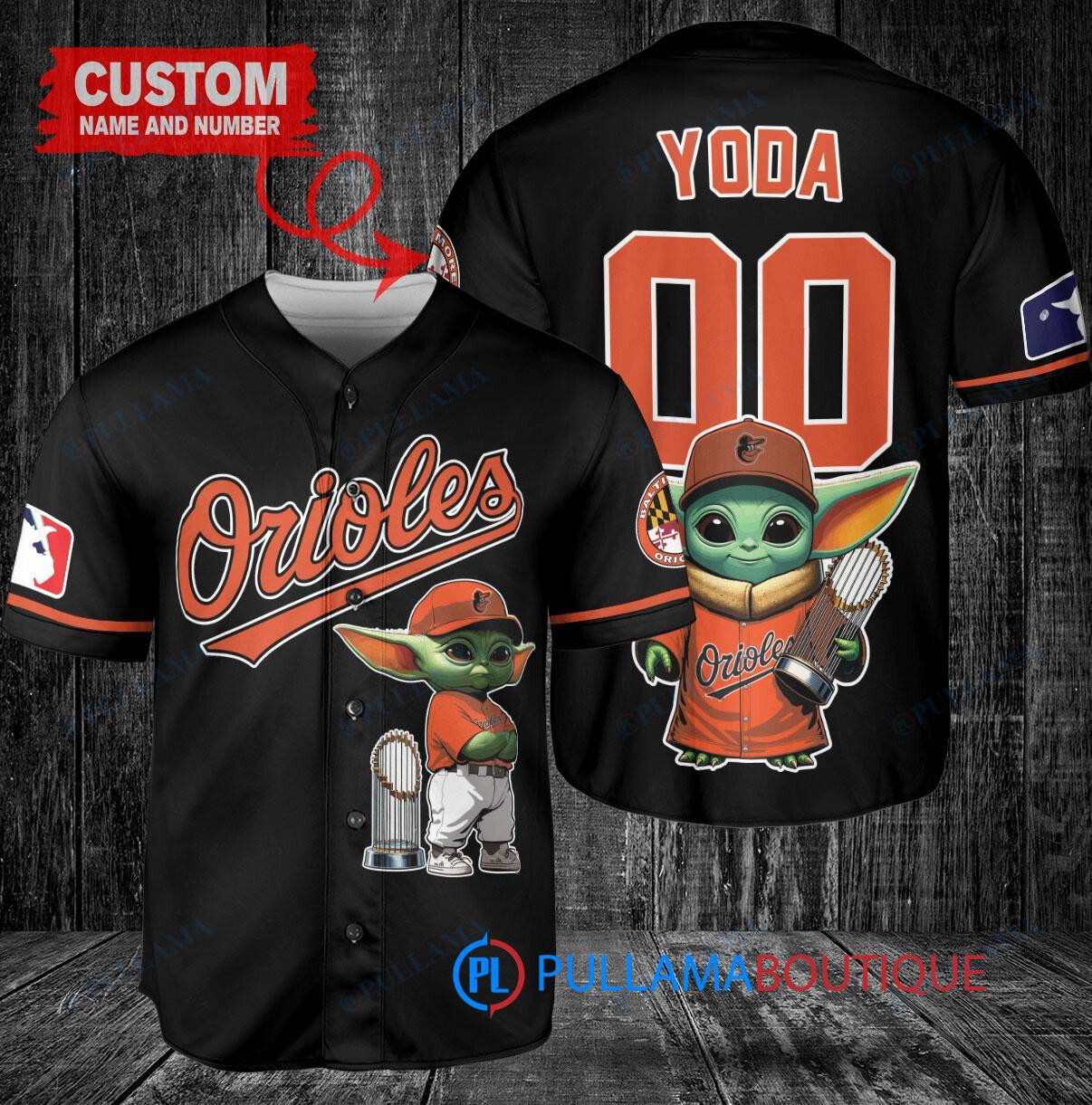Baltimore Orioles x Baby Yoda Star Wars The Mandalorian with Trophy Custom Baseball Jersey Black
