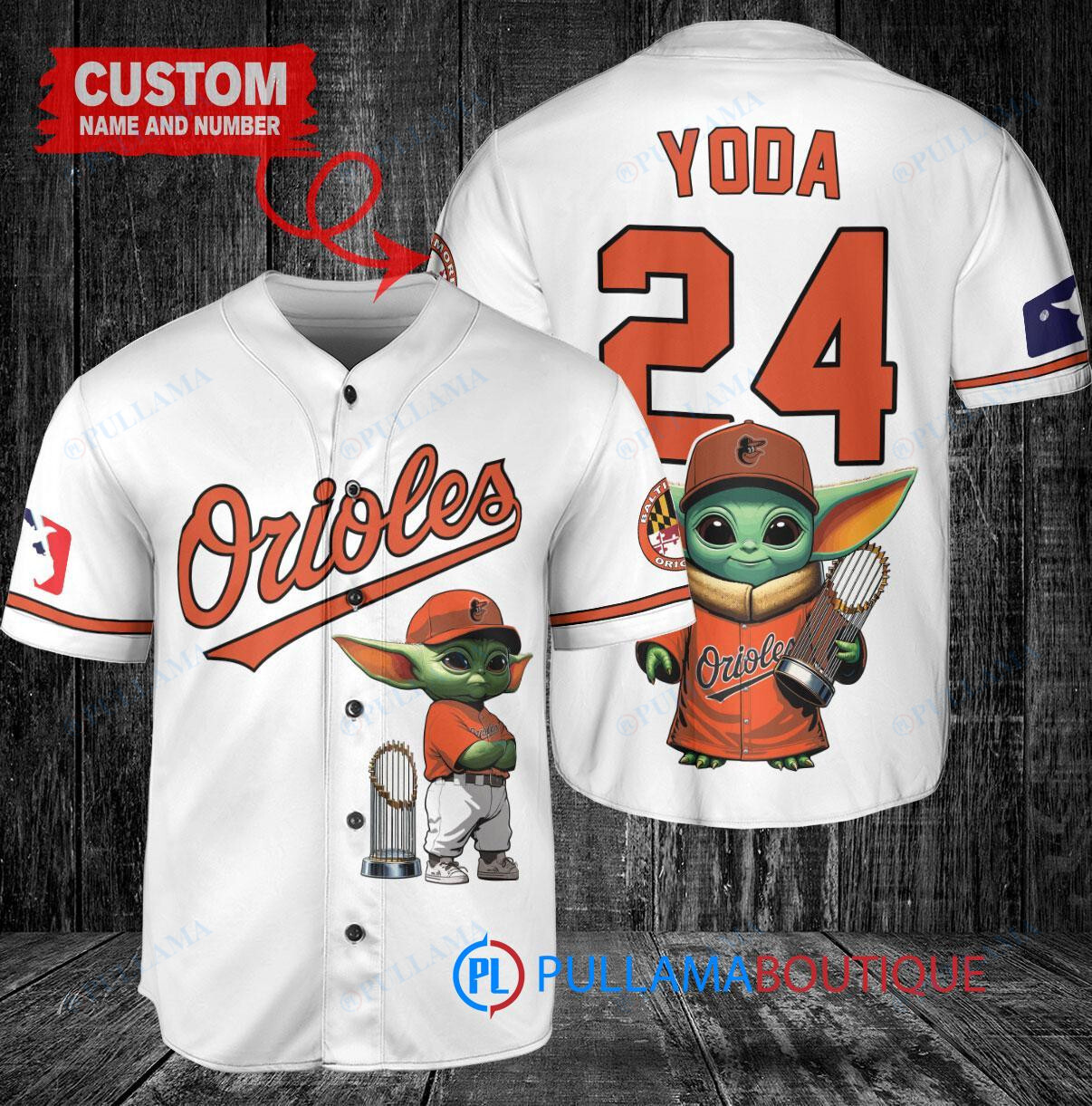 Baltimore Orioles x Baby Yoda Star Wars The Mandalorian with Trophy Custom Baseball Jersey White