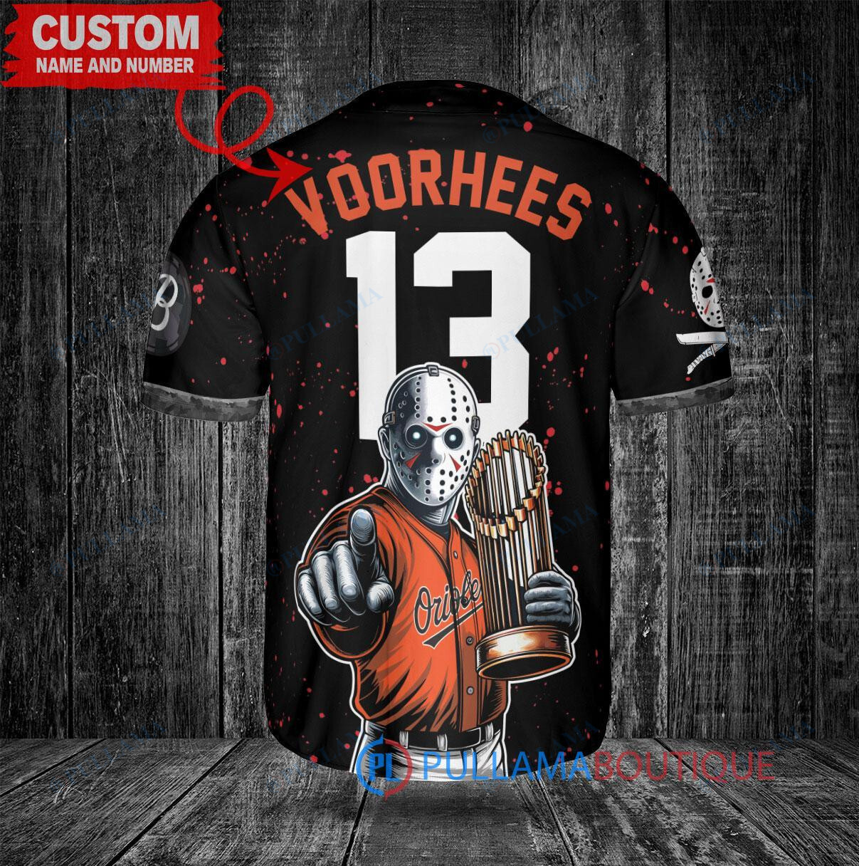 Baltimore Orioles x Friday the 13th Jason Voorhees Halloween with World Series Trophy Custom Baseball Jersey Black City Connect