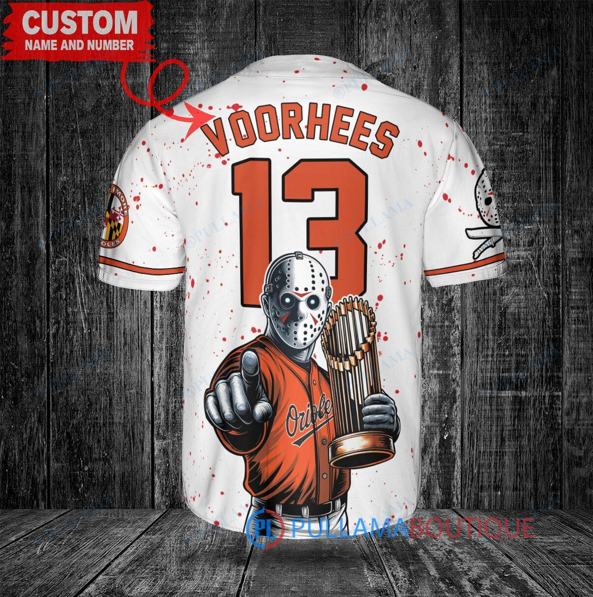 Baltimore Orioles x Friday the 13th Jason Voorhees Halloween with World Series Trophy Custom Baseball Jersey White