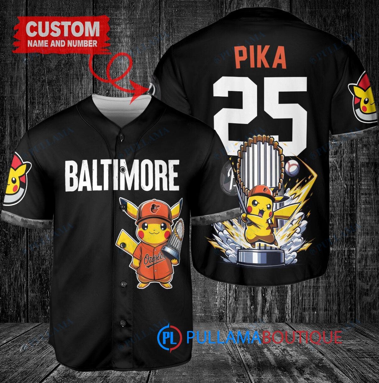 Baltimore Orioles x Pikachu Pokemon with Trophy Custom Baseball Jersey Black City Connect