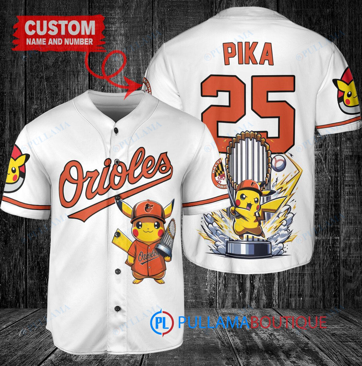 Baltimore Orioles x Pikachu Pokemon with Trophy Custom Baseball Jersey White