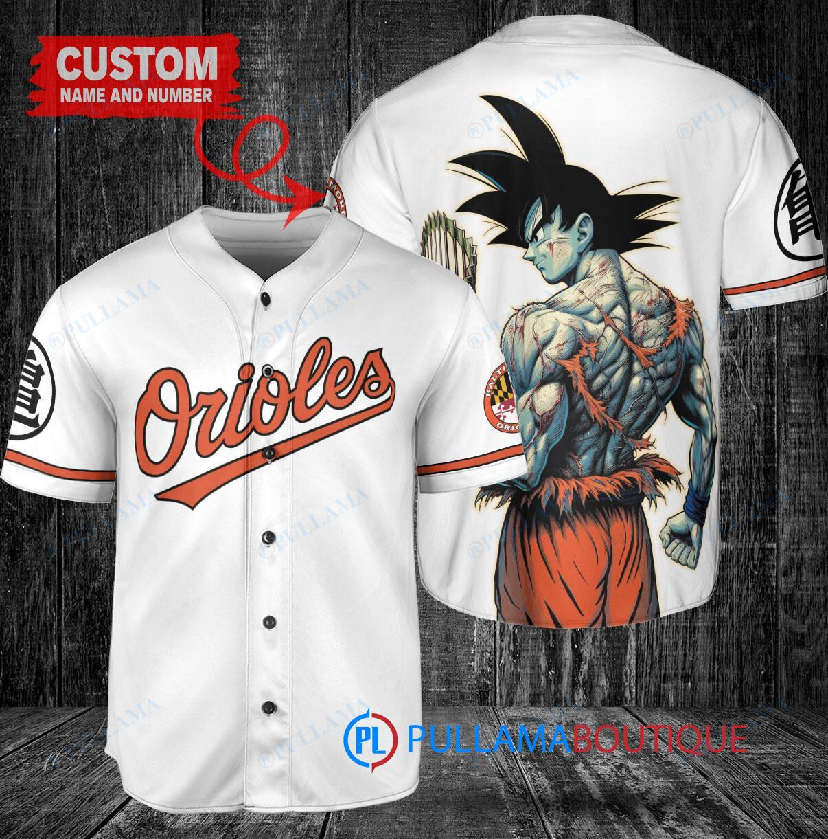 Baltimore Orioles x Son Goku Kakarot Super Saiyan Dragon Ball Z with Trophy Baseball Jersey White