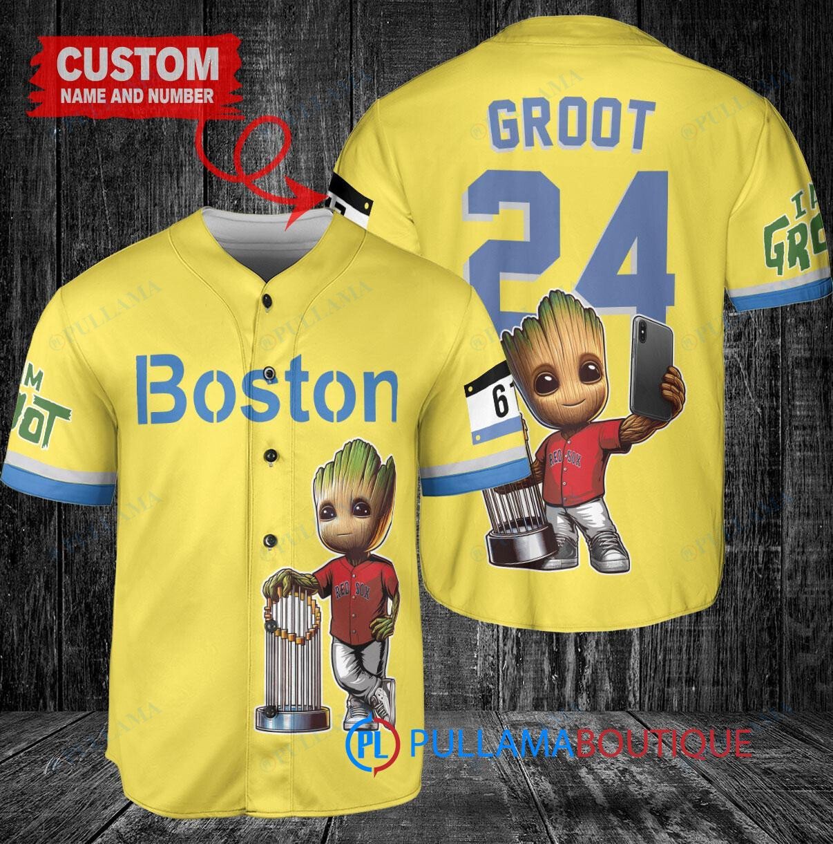 Boston Red Sox x Baby Groot Marvel Guardians Of The Galaxy with Trophy Custom Baseball Jersey Gold-Light Blue City Connect