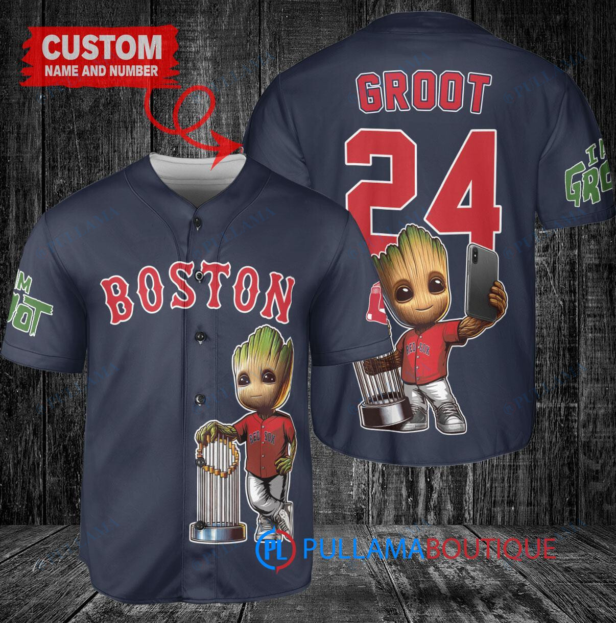Boston Red Sox x Baby Groot Marvel Guardians Of The Galaxy with Trophy Custom Baseball Jersey Navy