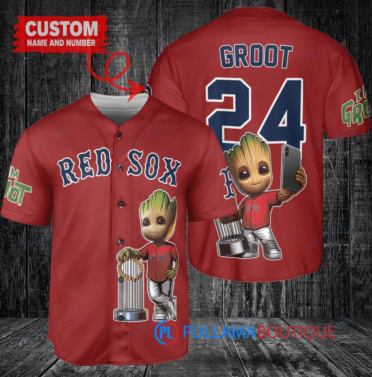 Boston Red Sox x Baby Groot Marvel Guardians Of The Galaxy with Trophy Custom Baseball Jersey Red